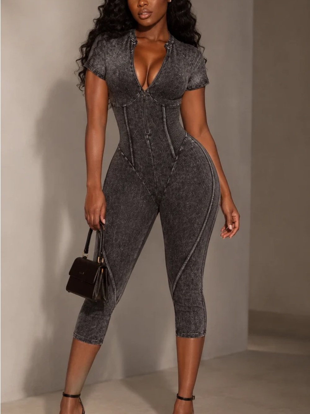 Slim Fit Washed Black Short-Sleeve Jumpsuit